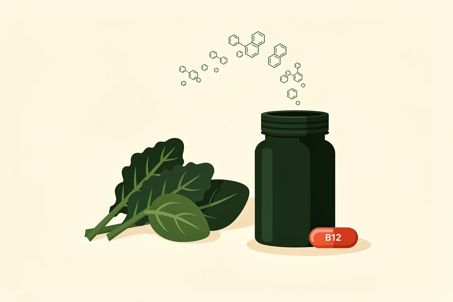 B12-Tabletten neben grünem Blattgemüse und einem Glas angereicherter Pflanzenmilch