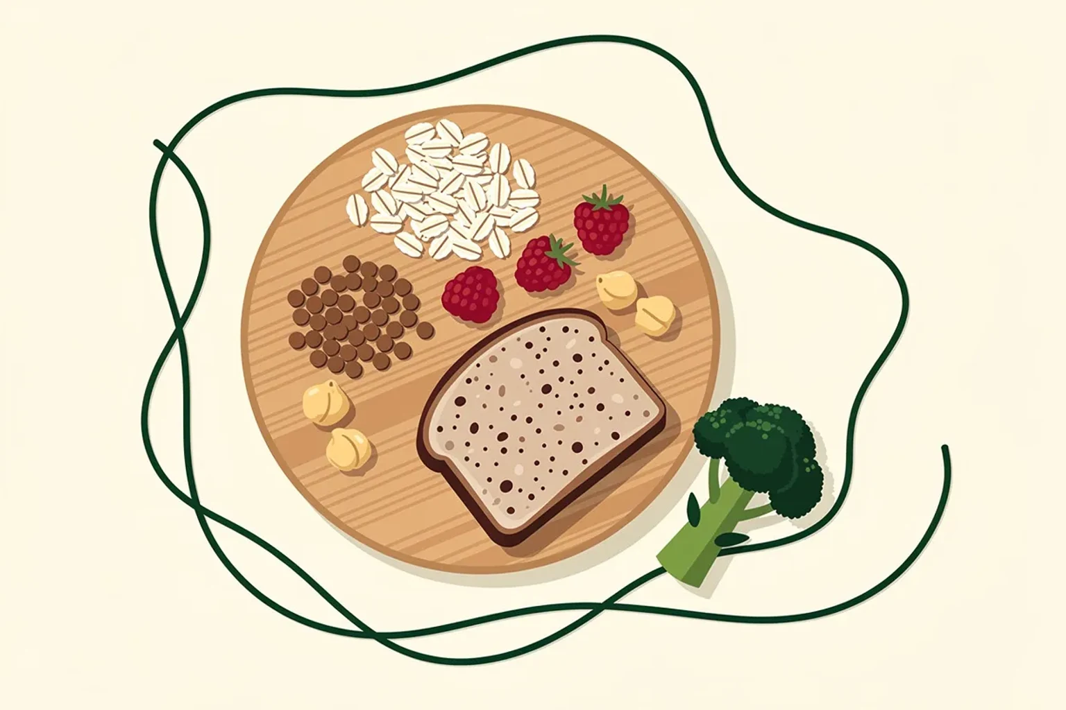 Hülsenfrüchte, Haferflocken, Gemüse und Obst auf einem Brett — die wichtigsten Ballaststoffquellen