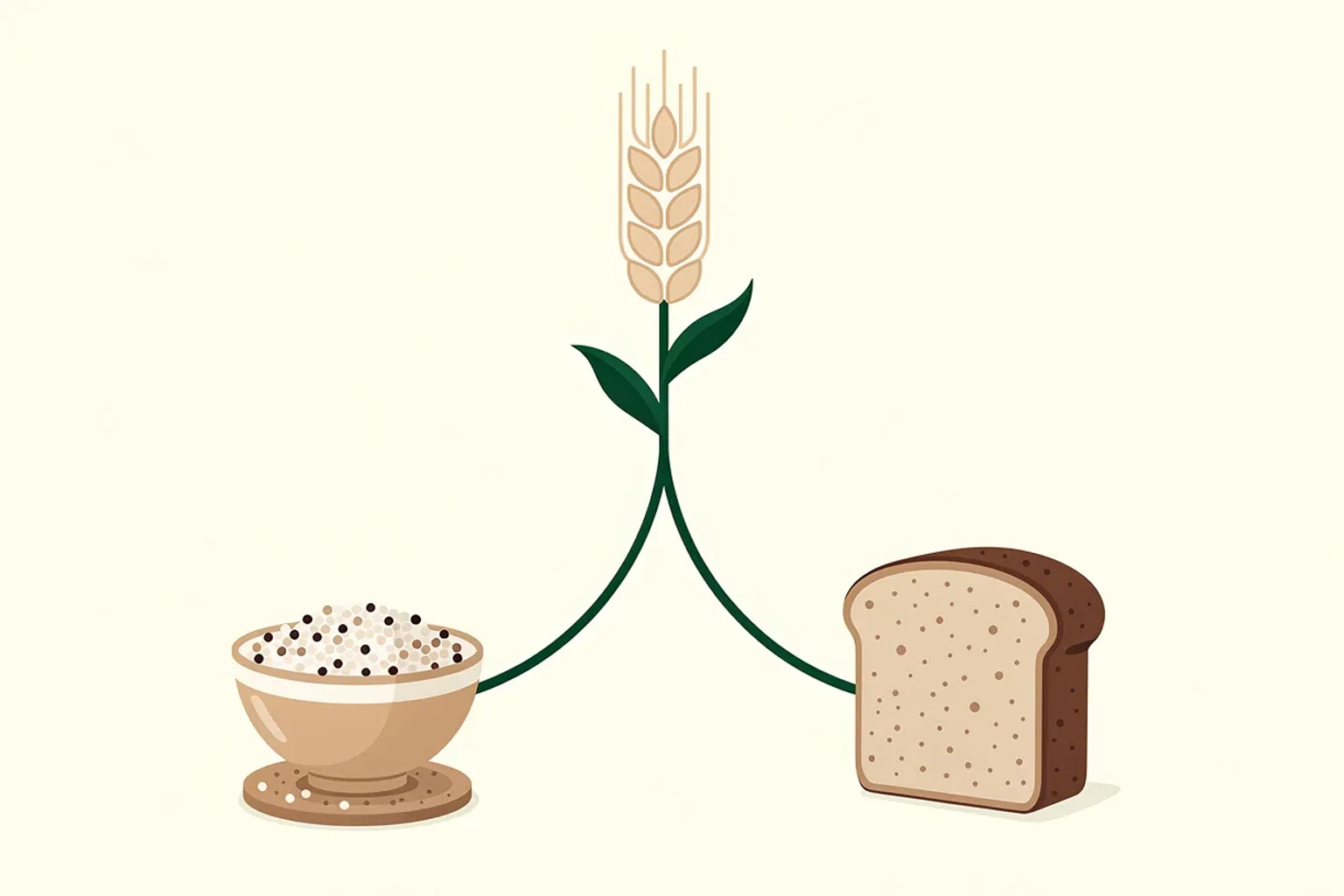 Eine Scheibe Vollkornbrot neben einer Schale Quinoa und Buchweizen