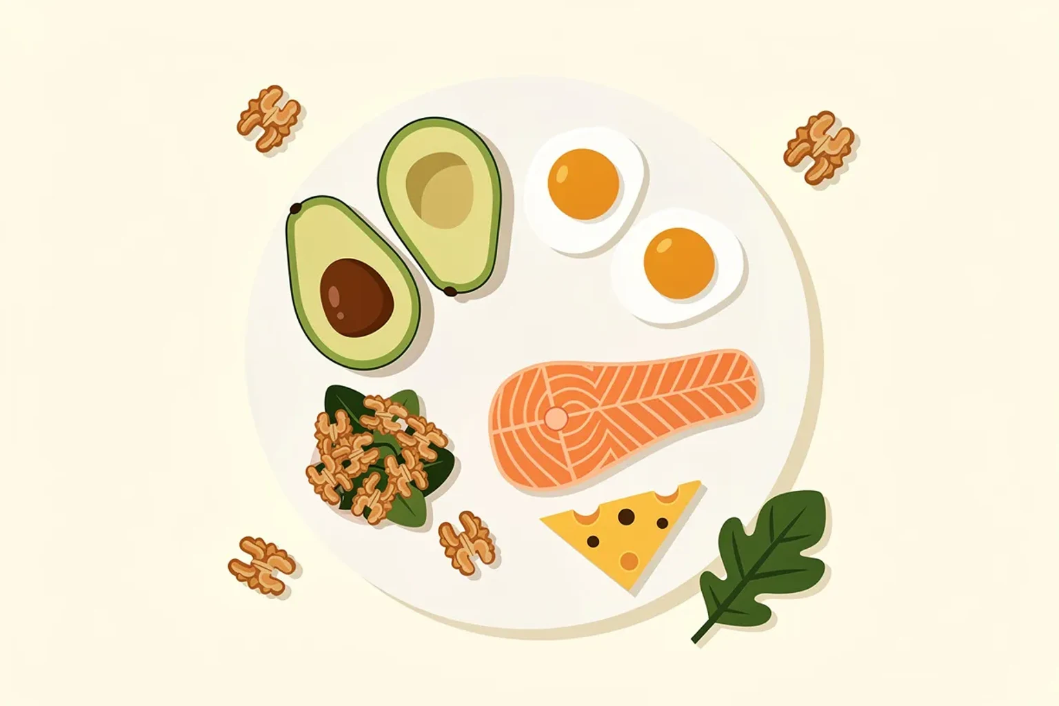 Keto-Teller — Avocado, Eier, Fisch, Käse, Nüsse, Grünzeug