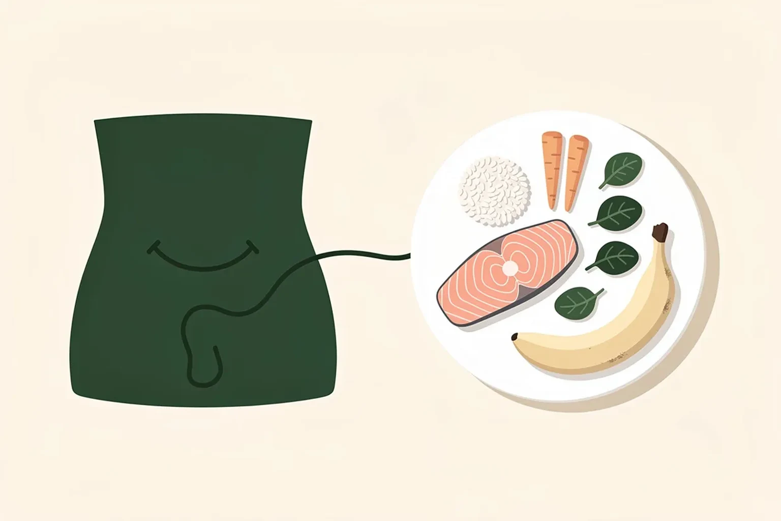 Teller mit Low-FODMAP-Lebensmitteln — Reis, Karotten, Lachs, Spinat, Banane