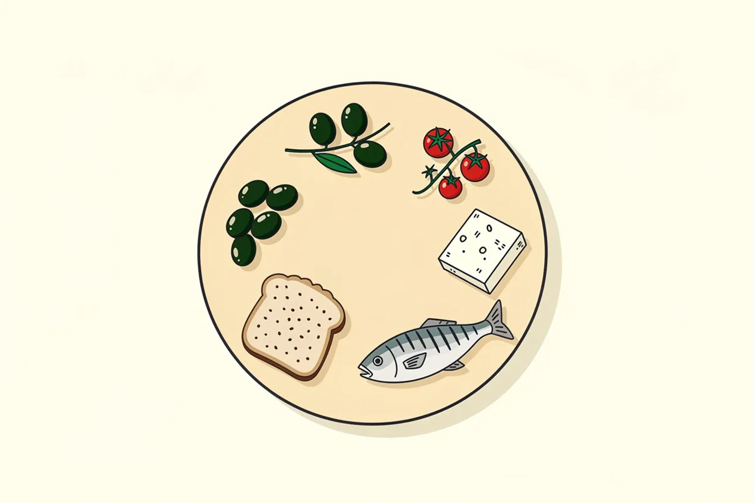 Ein mediterraner Teller — Olivenöl, Fisch, Gemüse, Vollkornbrot, Tomaten