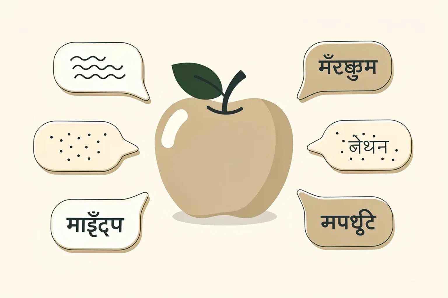 Das Wort 'apple' in sechs Sprachen auf einer Seite — apple, manzana, poma, pomme, Apfel, яблоко