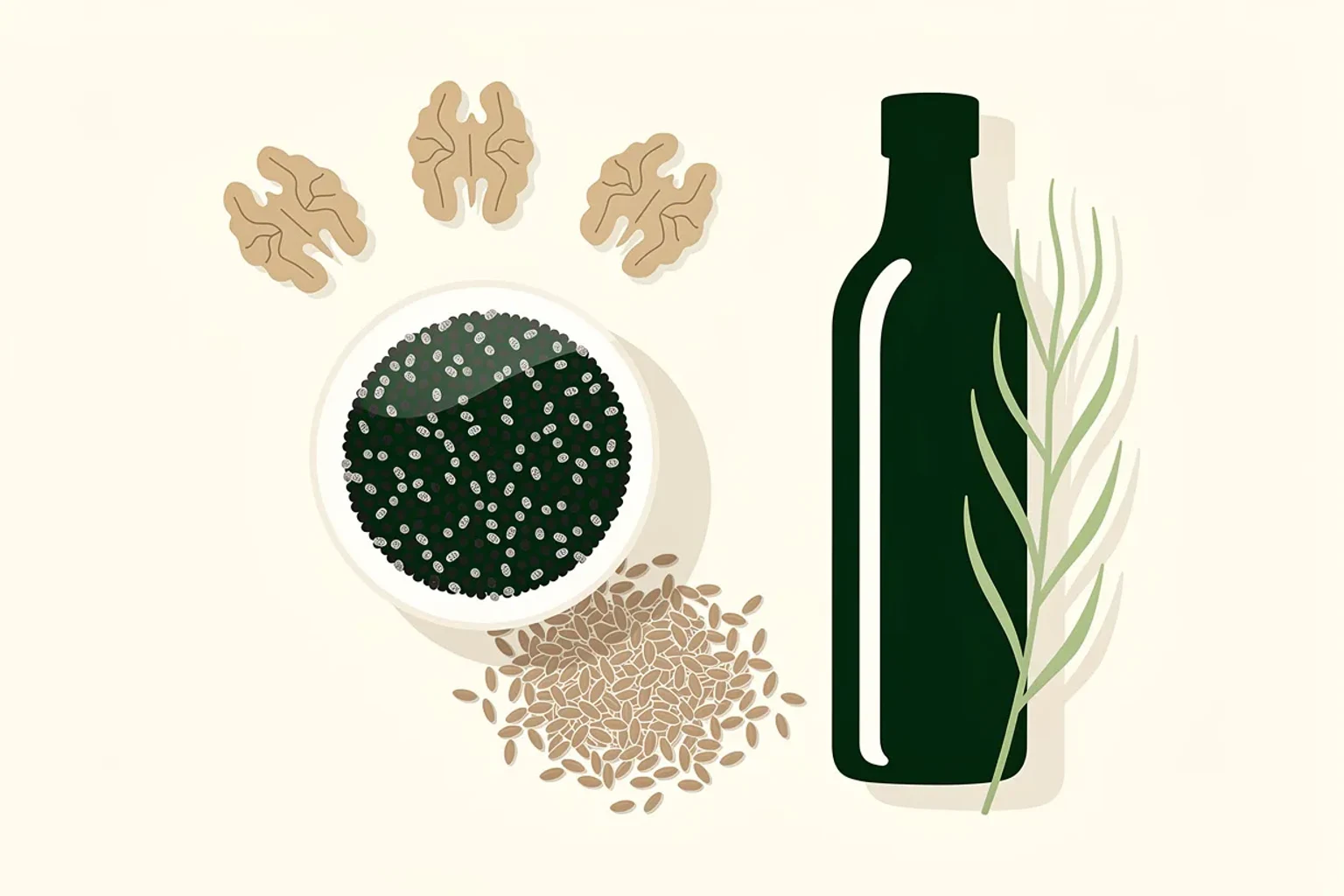 Leinsamen, Chia, Walnüsse und Algenöl-Kapseln — pflanzliche und vegane Omega-3-Quellen
