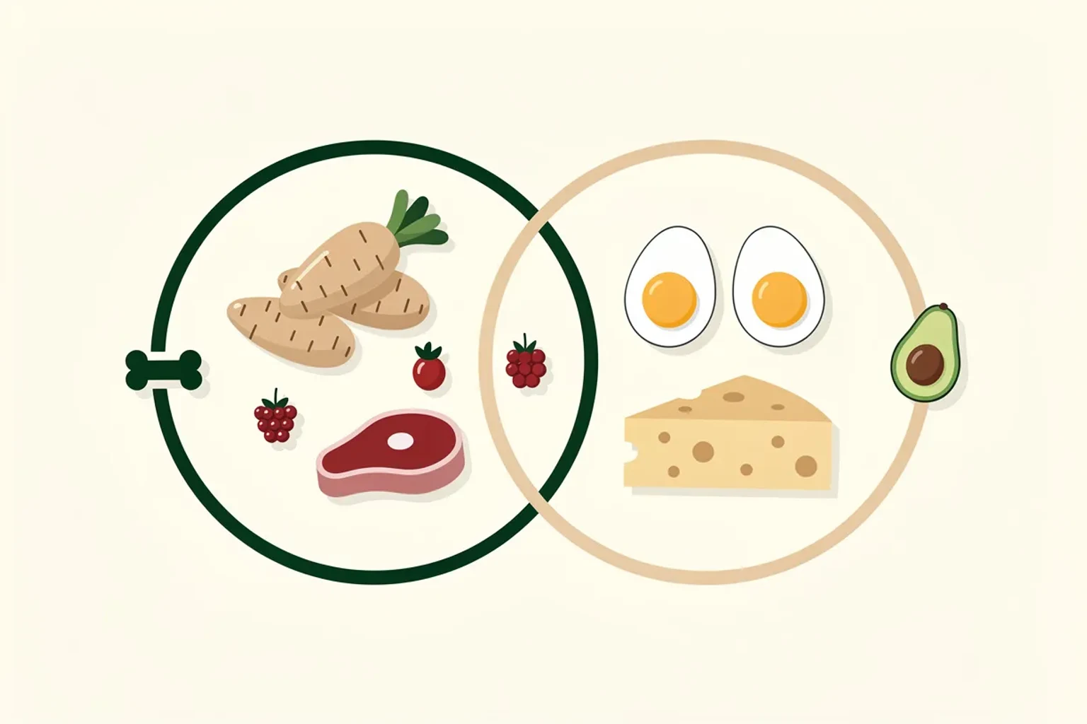 Zwei Teller nebeneinander — ein Paleo-Teller mit Obst, Süßkartoffel und Fleisch; ein Keto-Teller mit Avocado, Eiern und fettem Fisch
