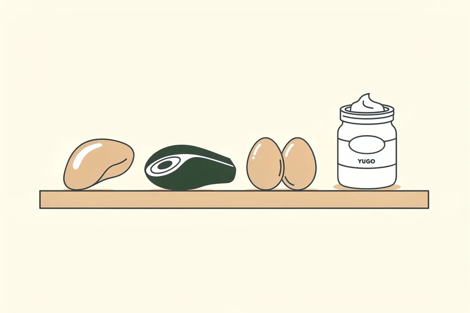 Beste Proteinquellen auf einem Holzbrett — Hühnerbrust, Lachs, Eier, griechischer Joghurt, Linsen, Tofu, Mandeln