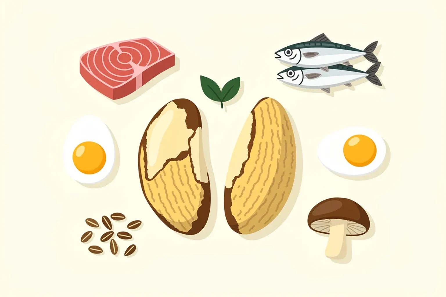 Zwei Paranüsse auf einem Holzbrett neben Thunfisch in der Dose, Sardinen und einem halbierten Ei — wichtige Selenquellen