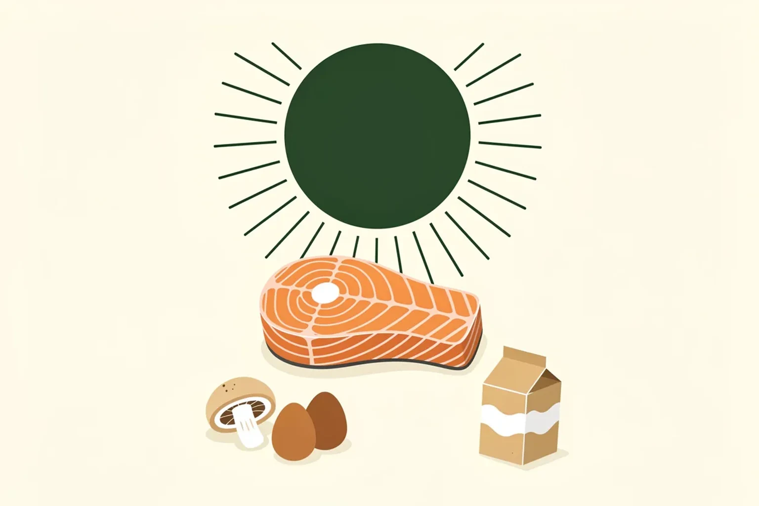 Ein gegrilltes Lachsfilet neben einem kleinen Fläschchen Vitamin-D-Tropfen und einem sonnigen Fenster