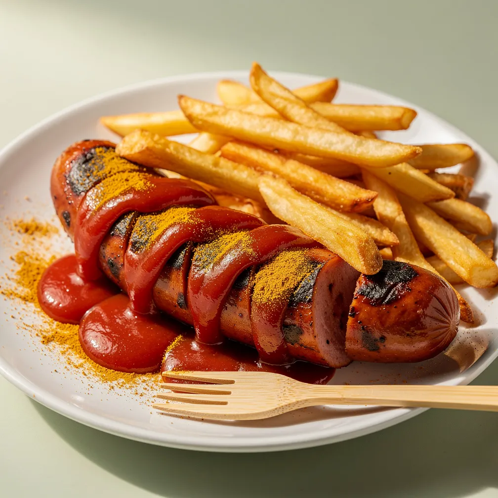 Currywurst mit Pommes, per 100 g serving